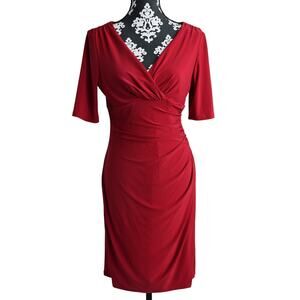 Women's Red Ralph Lauren V Neck Rouched Cocktail Dress With Side Slit - Sz 8